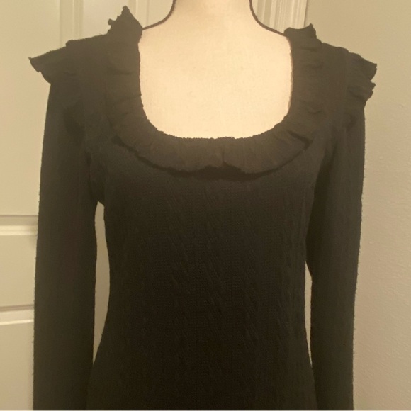 Women's Black Cable knit Midi Sweater Dress Ruffled Collar Textured New Medium - Picture 13 of 16
